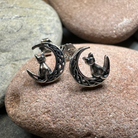 Celtic Cat and Crescent Moon stud earrings by Celtic Crystal Design Jewelry, silver-tone post earrings with intricate Celtic design.
