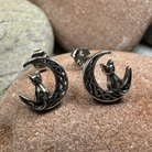 Celtic Cat and Crescent Moon stud earrings by Celtic Crystal Design Jewelry, featuring intricate Celtic and moon motifs.