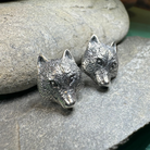 Forest Song Wolf Post Earrings by Celtic Crystal Design Jewelry featuring intricate wolf designs on elegant silver posts.