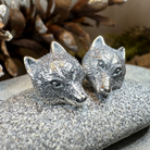 Forest Song Wolf Post Earrings by Celtic Crystal Design Jewelry featuring detailed wolf designs on silver-tone metal.