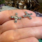 Springtide Saint Brigid's Cross Celtic crystal post earrings featuring intricate metalwork and shimmering crystal accents.