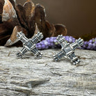 Springtide Saint Brigid's Cross Celtic crystal post earrings by Celtic Crystal Design Jewelry, featuring intricate cross designs.