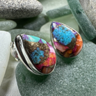 Celtic Crystal Design Jewelry classic copper turquoise teardrop post earrings with pink accents, handcrafted jewelry for women.