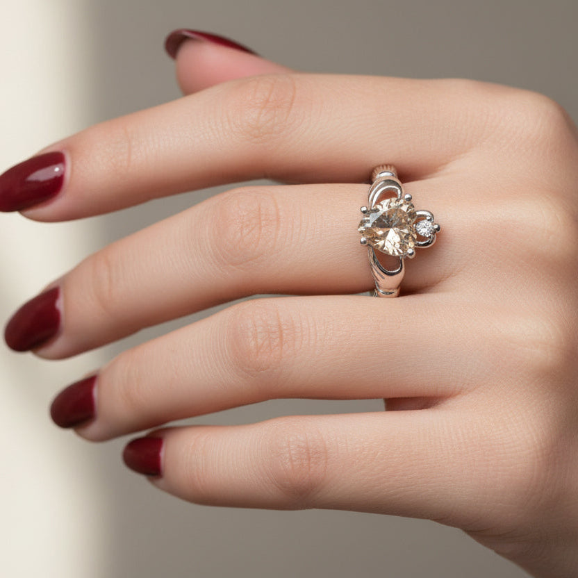 Celtic Crystal Design Jewelry Champagne Toast Claddagh Ring with intricate Celtic motifs and sparkling crystal accents.