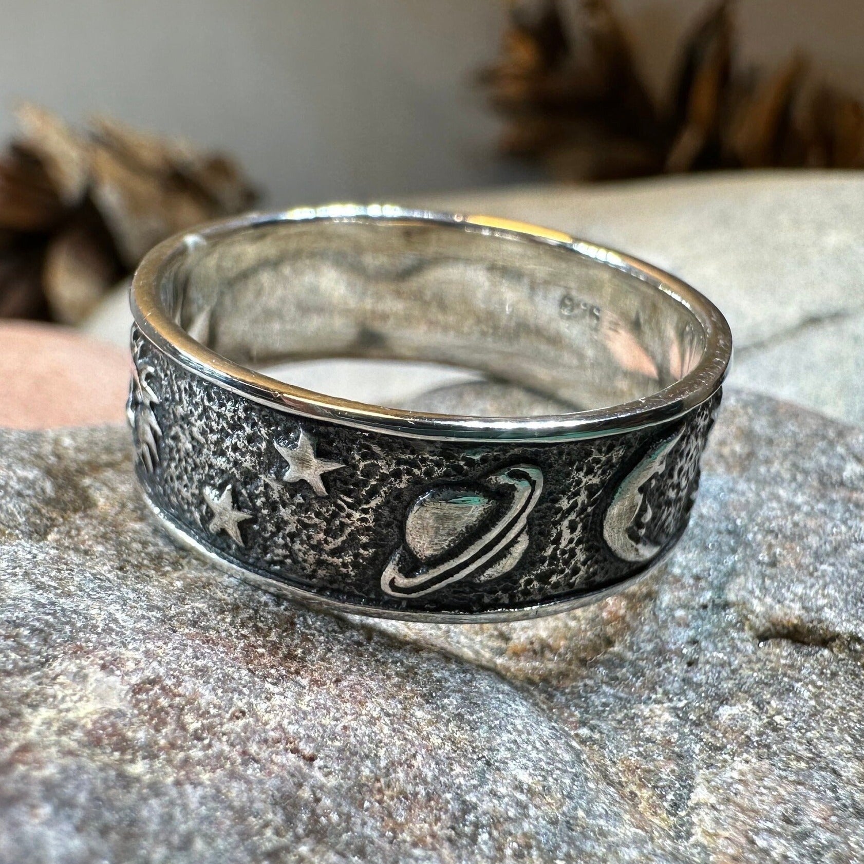Celtic Crystal Design Jewelry cosmos crescent moon ring with intricate Celtic patterns and sparkling crystal accents.
