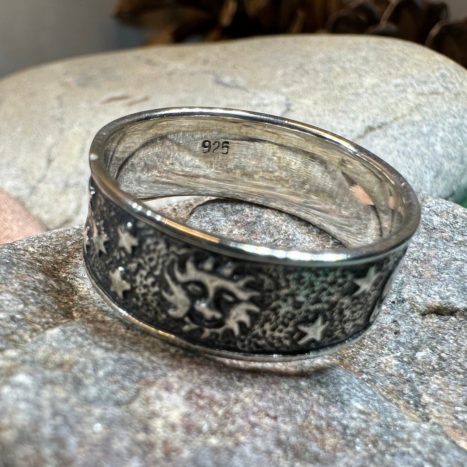 Celtic Crystal Design Jewelry Cosmos Crescent Moon Ring featuring a detailed crescent moon design in silver-tone metal.