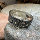 Celtic Crystal Design Jewelry Cosmos Crescent Moon Ring featuring a detailed crescent moon design on a silver band.
