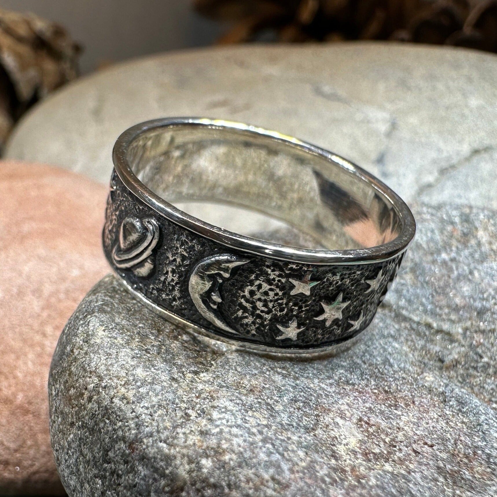 Celtic Crystal Design Jewelry Cosmos Crescent Moon Ring featuring a detailed crescent moon design on a silver band.