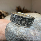 Celtic Crystal Design Jewelry Cosmos Crescent Moon Ring featuring a detailed crescent moon design in sterling silver.