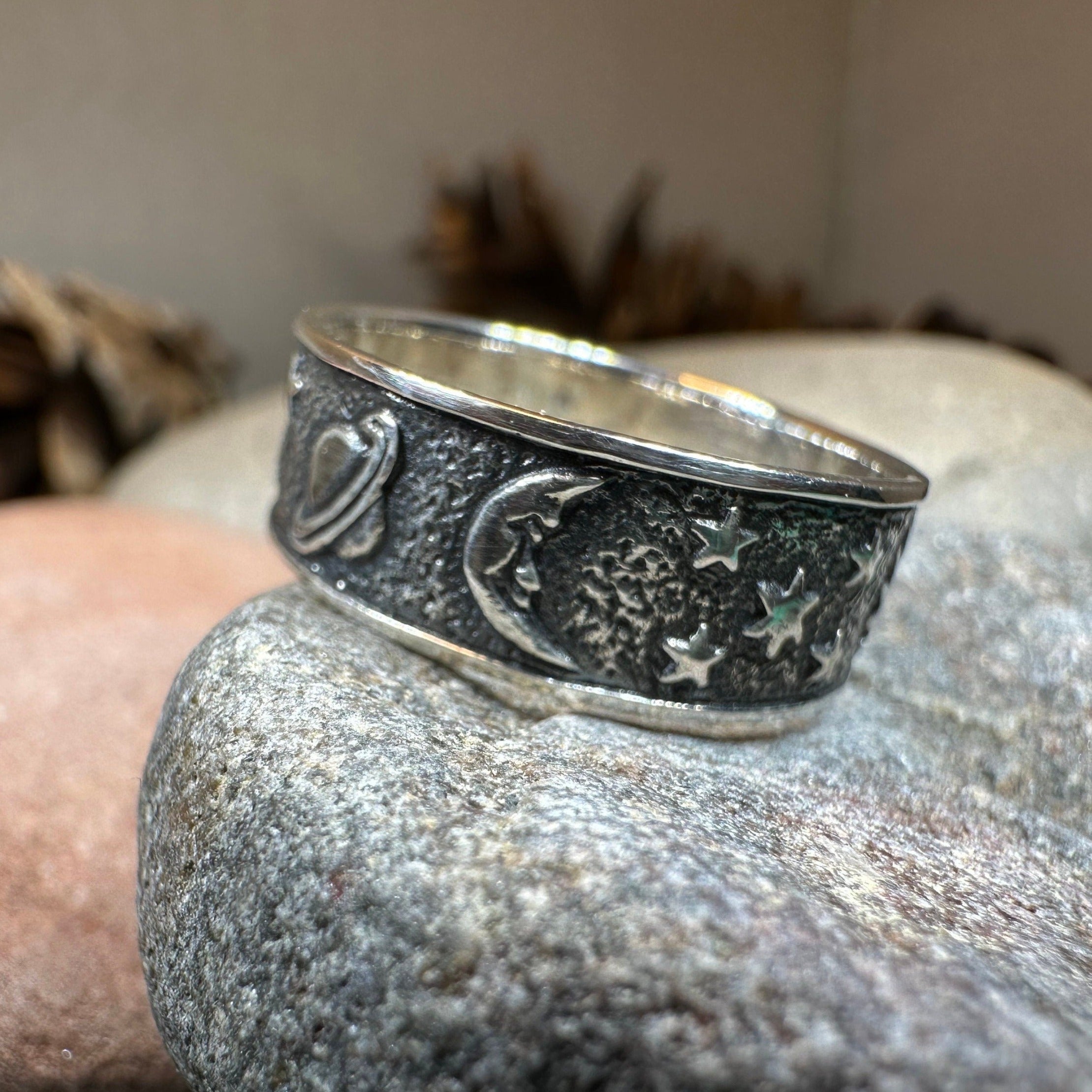 Celtic Crystal Design Jewelry Cosmos Crescent Moon Ring featuring a detailed crescent moon design in sterling silver.