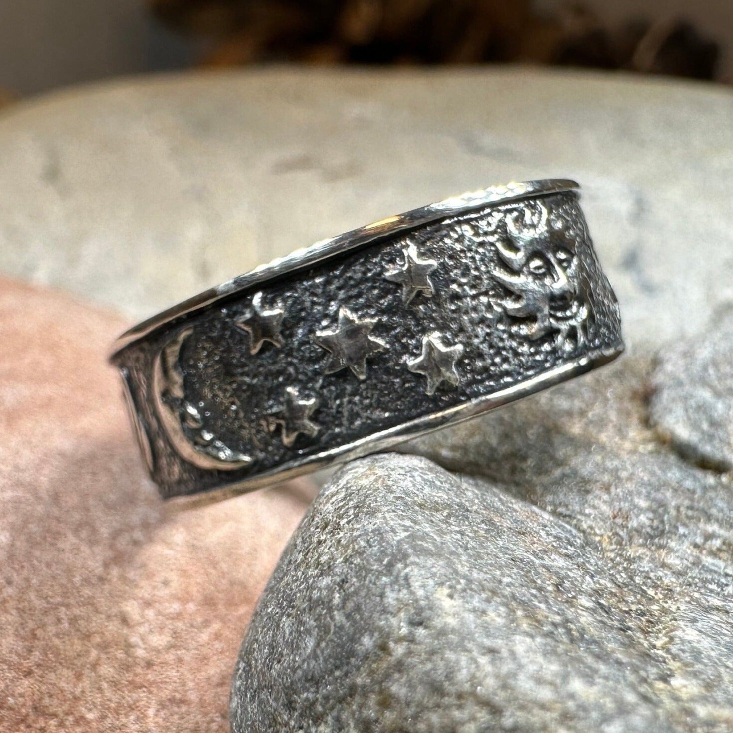 Celtic Crystal Design Jewelry Cosmos Crescent Moon Ring featuring a detailed crescent moon design in silver-tone metal.