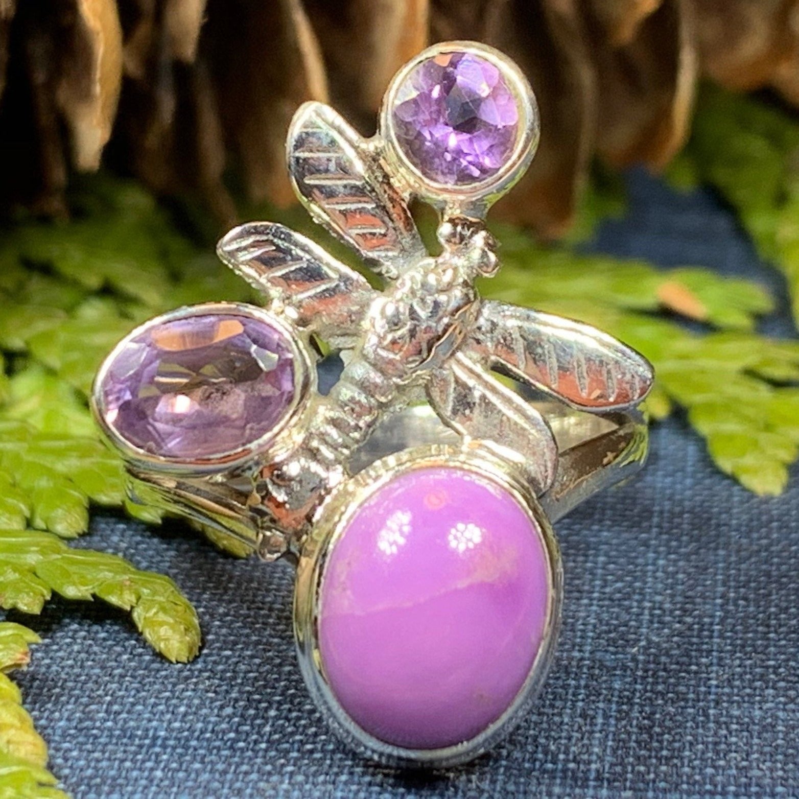 Celtic Crystal Design Jewelry Colors of Nature Dragonfly Ring with ruby-colored accents and intricate Celtic pattern.