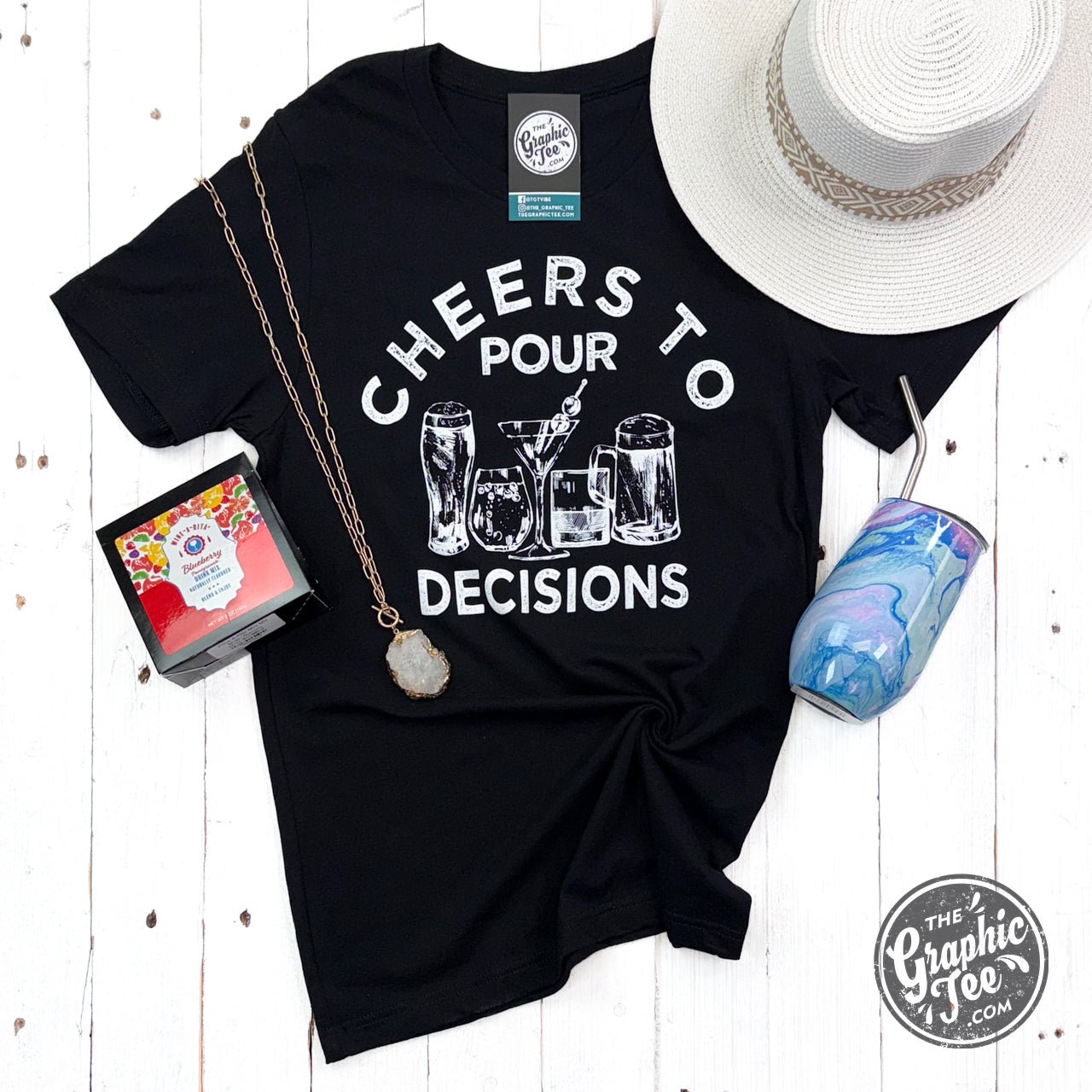 Cheers to Pour Decisions short sleeve graphic tee by The Graphic Tee, featuring fun, bold text design on soft fabric.