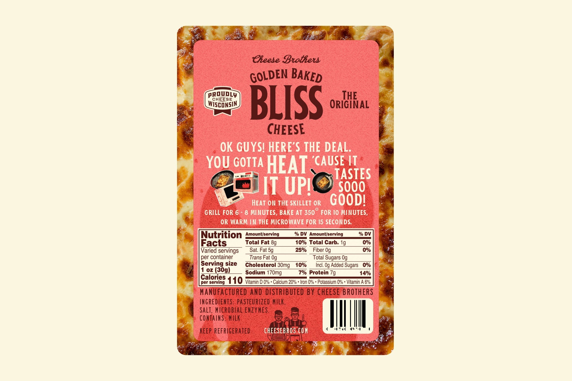 Golden Baked Bliss cheese from Cheese Brothers, Inc., featuring the original baking cheese label with golden crust details.