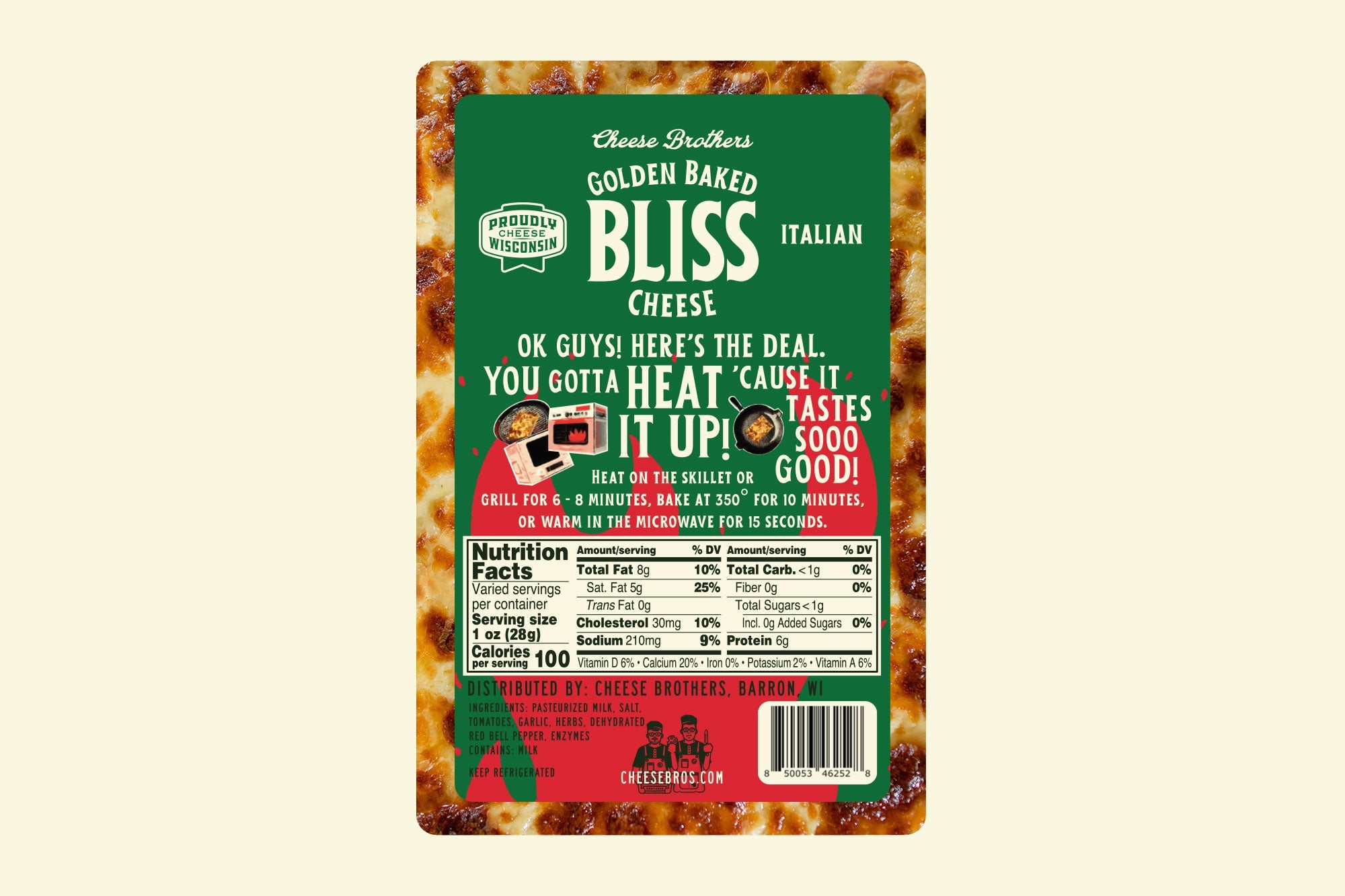 Italian Golden Baked Bliss Cheese by Cheese Brothers, Inc., showing the cheese's golden-baked texture and product label.