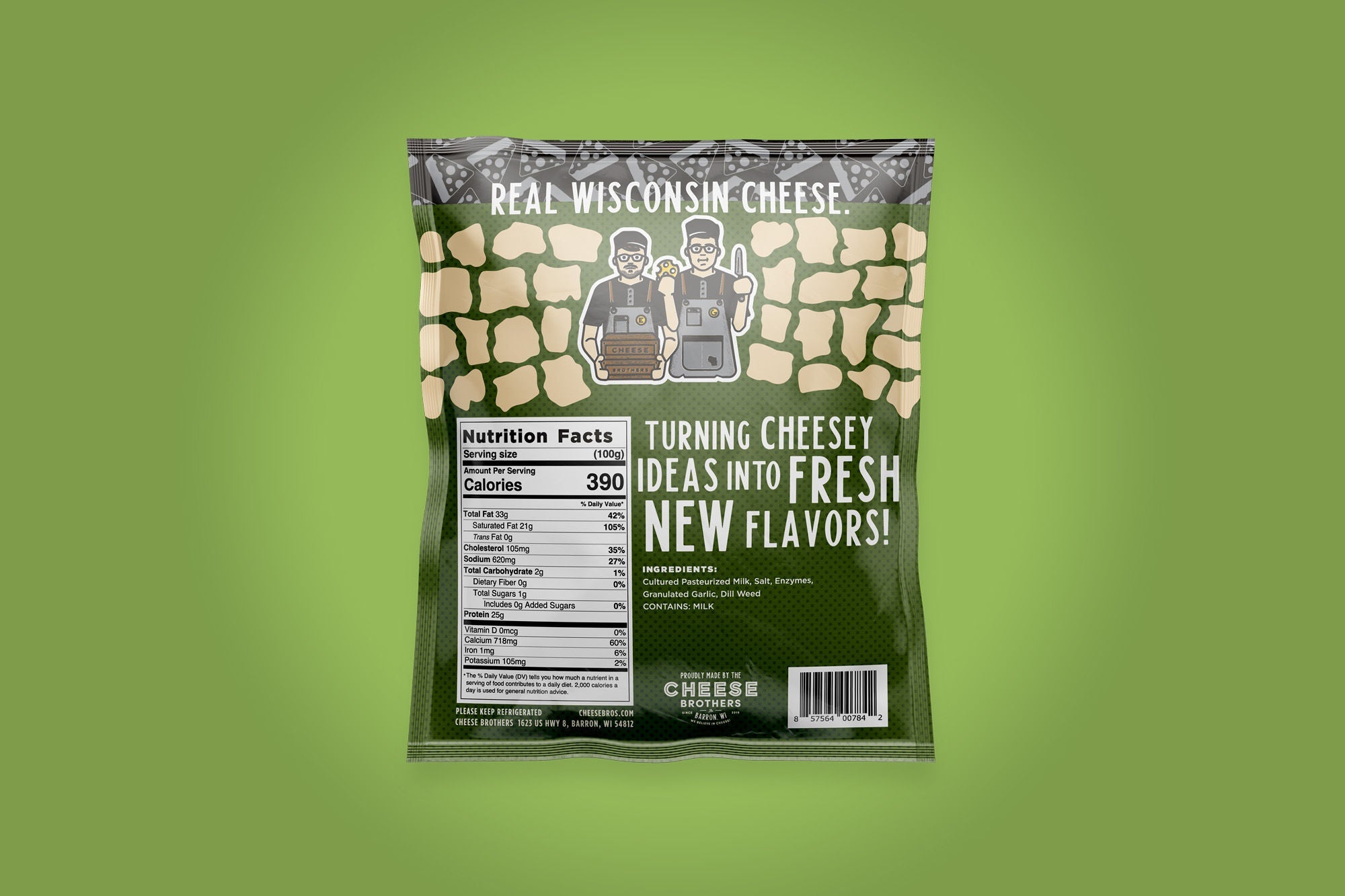 Wide view of garlic and dill cheese curds from Cheese Brothers, Inc., showing fresh, creamy cheese with herbs and a rustic background.