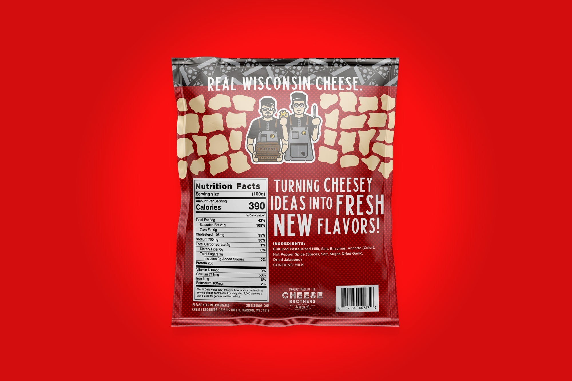 Hot pepper cheese curds from Cheese Brothers, Inc., showing fresh, spicy cheese curds with hot pepper pieces in a natural setting.