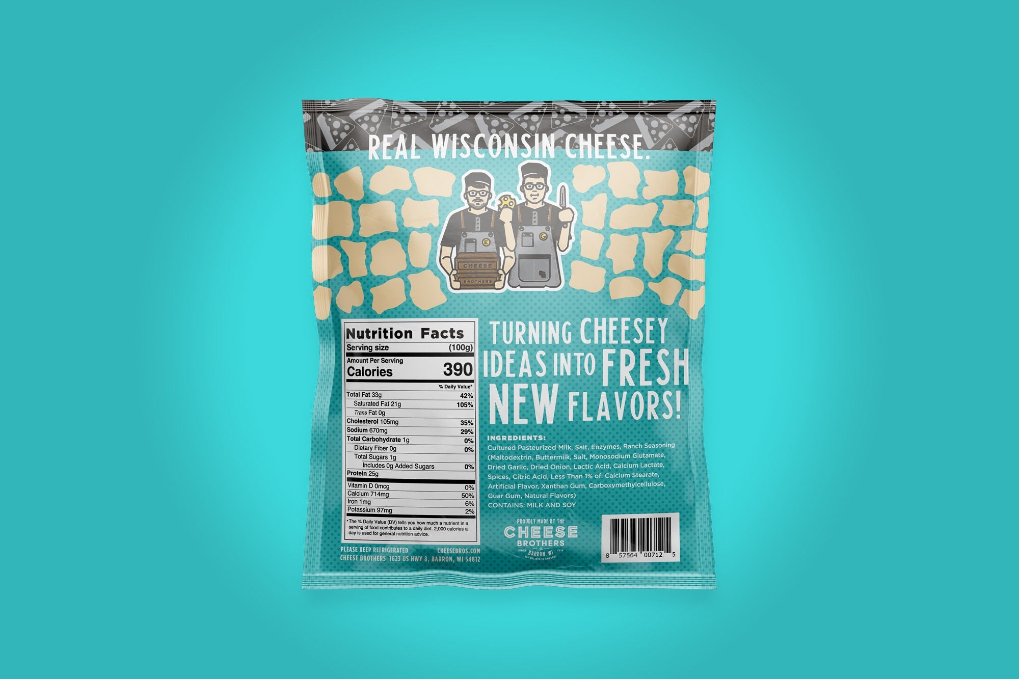 Cheese Brothers ranch cheese curds, fresh and creamy, shown in a wide view with their rustic packaging.