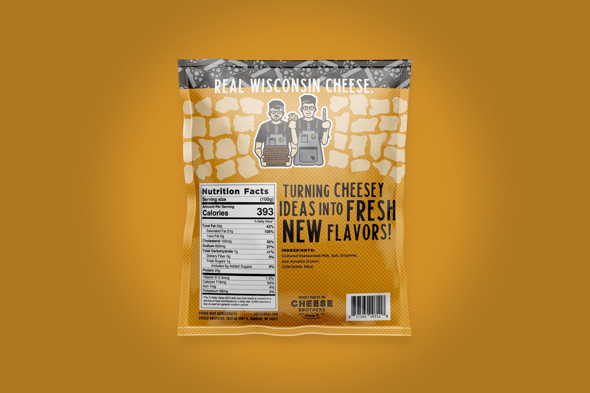 Wisconsin Cheese Brothers Inc. cheese curds, classic-style, back view showing fresh, golden cheese curds in a natural setting
