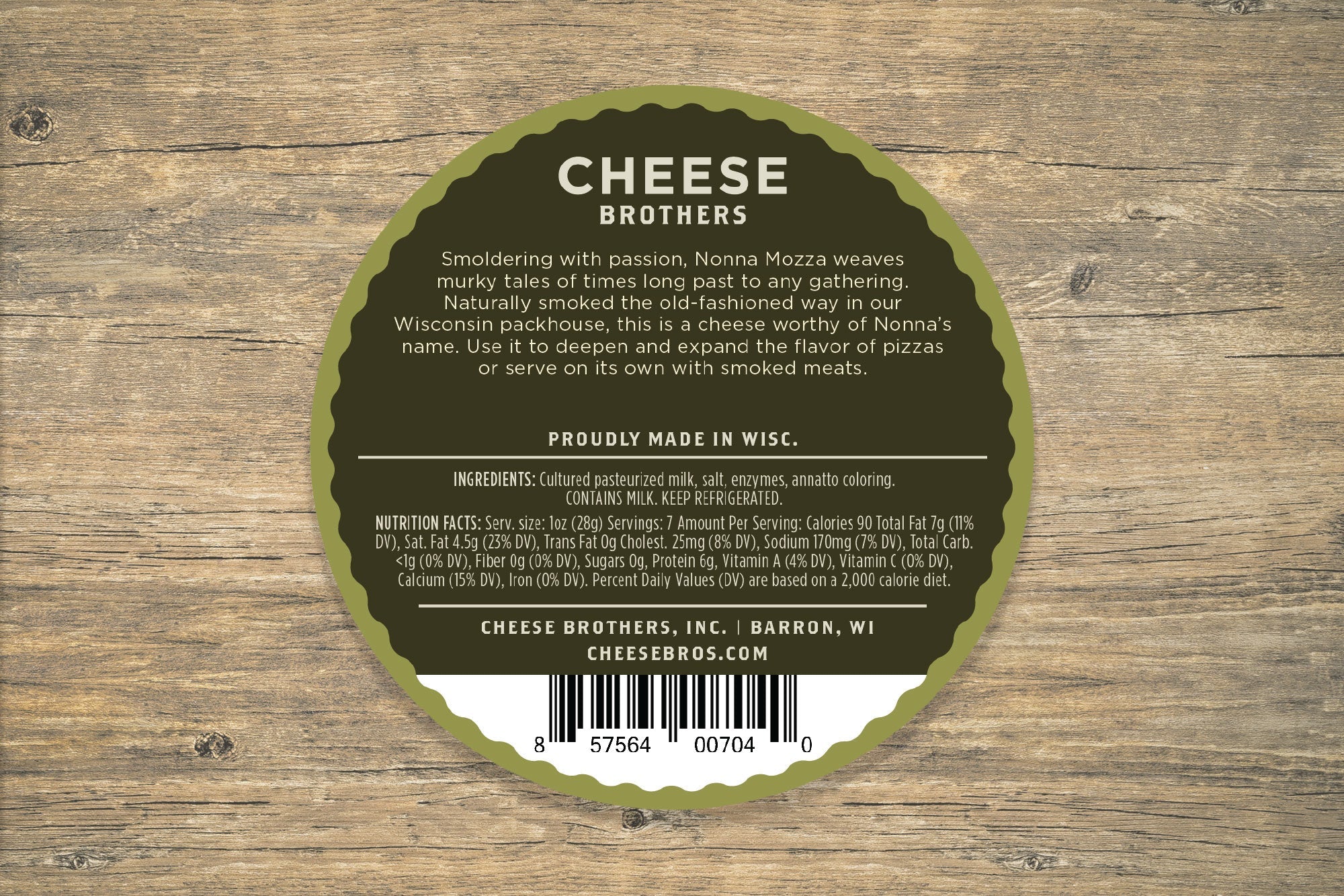 Slices of smoked mozzarella cheese from Cheese Brothers, Inc., arranged on a wooden board with a rustic background.