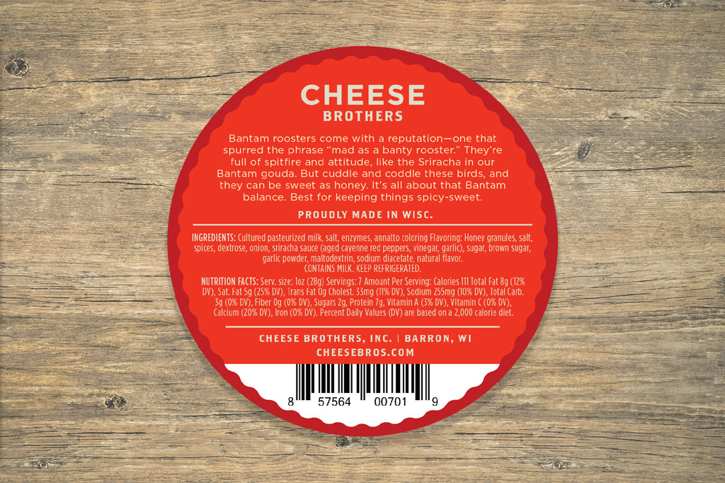 Creamy Honey Sriracha Gouda cheese from Cheese Brothers, Inc., showcasing a wedge of smooth, flavorful Gouda with honey and Sriracha sauce.