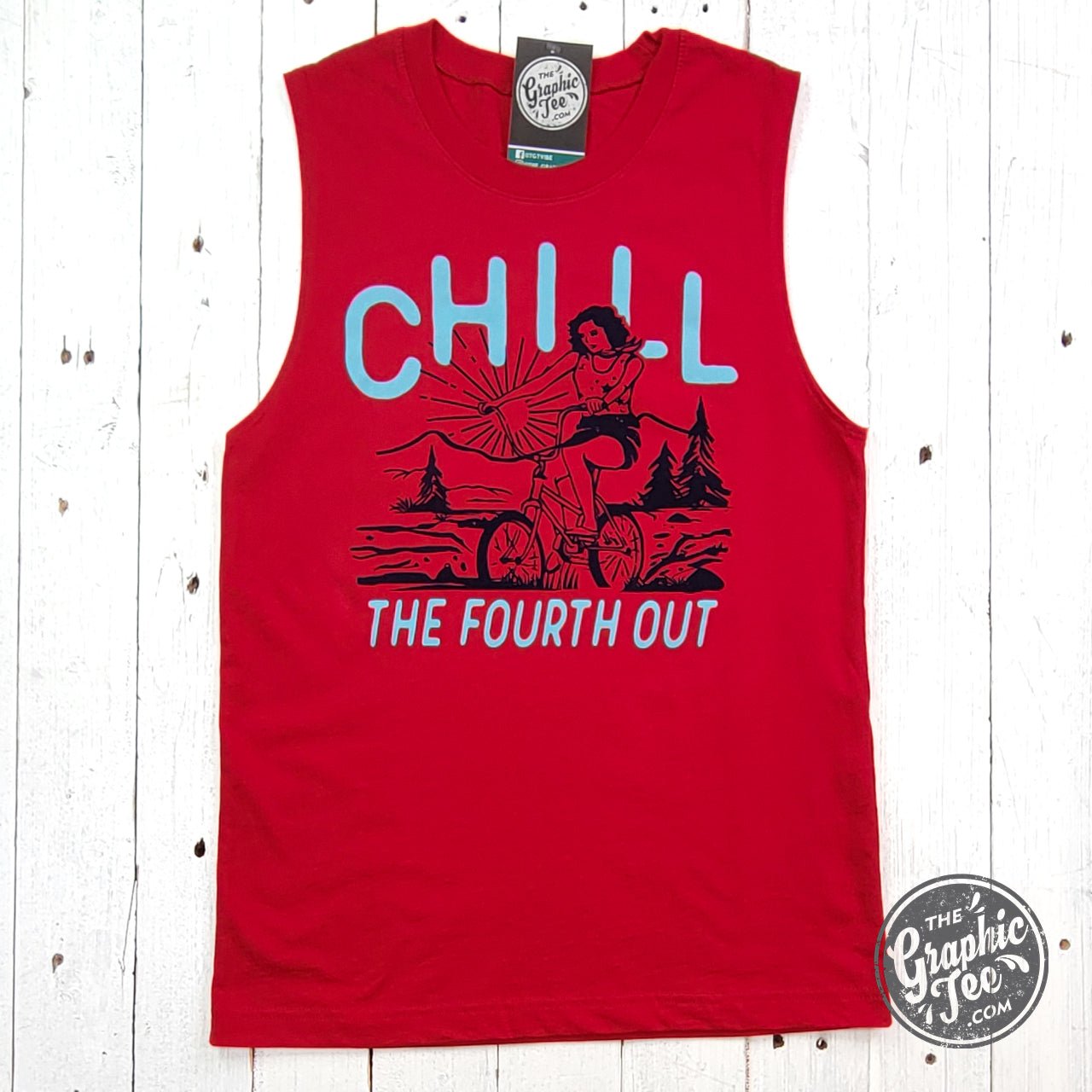 Red muscle tank top by The Graphic Tee featuring "Chill The Fourth Out" graphic design, sleeveless and casual for summer wear.