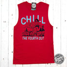 Red muscle tank top by The Graphic Tee featuring "Chill The Fourth Out" graphic design, sleeveless and casual for summer wear.