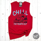 Red muscle tank top by The Graphic Tee with "Chill The Fourth Out" printed design, casual sleeveless shirt for summer.