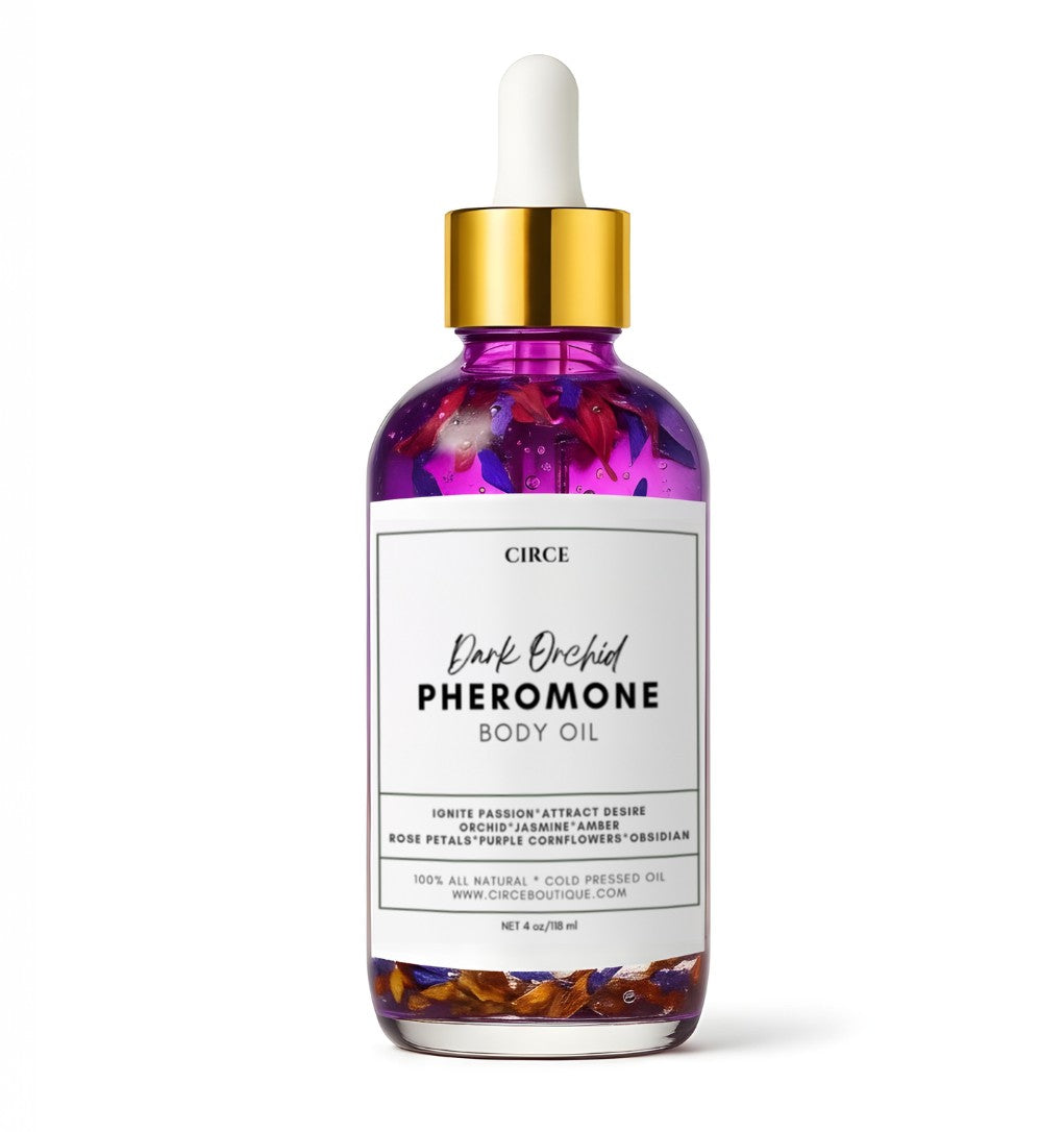 Dark orchid pheromone body oil by Circe Boutique featuring orchid, jasmine, and amber in a sleek bottle, ideal for skin fragrance.