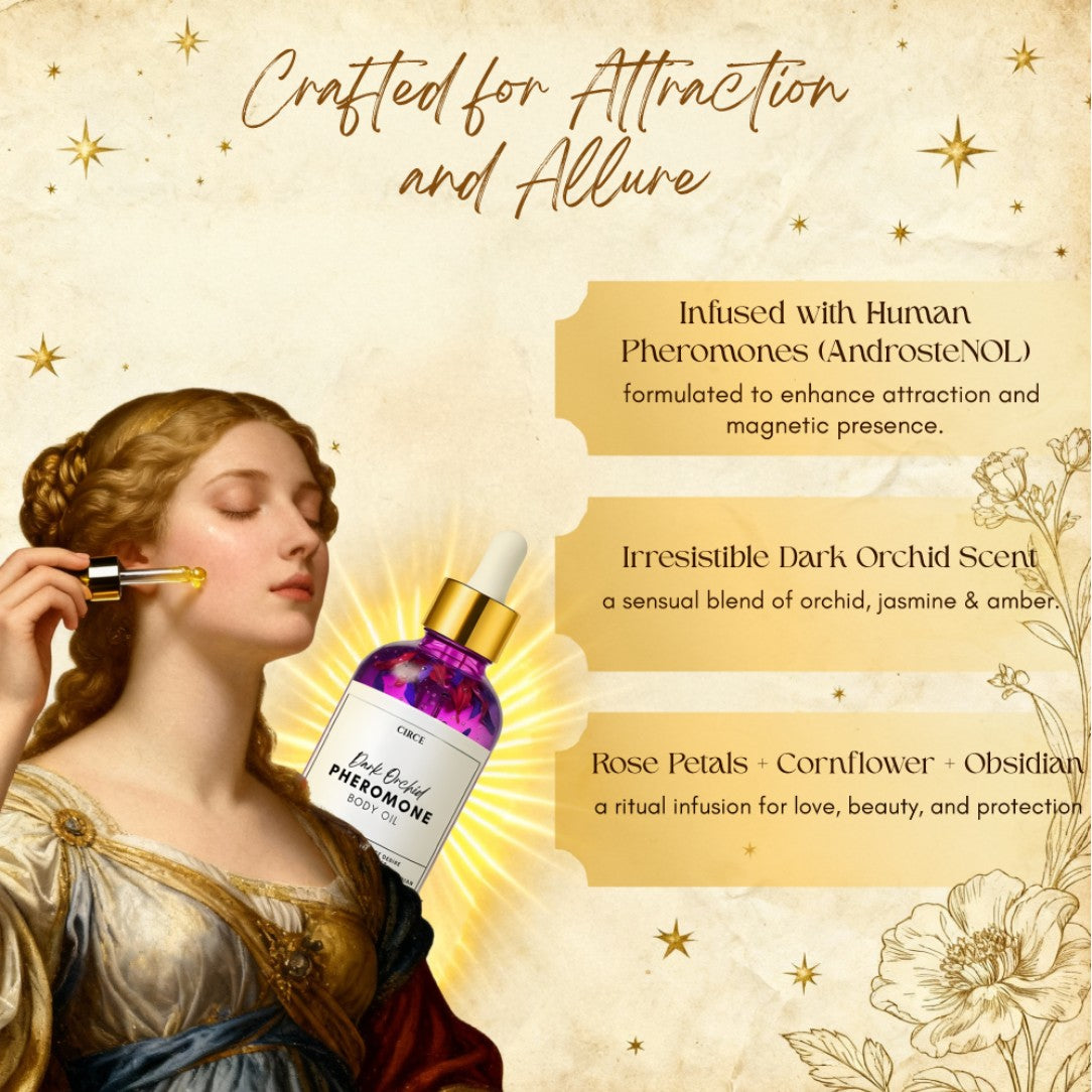 Dark Orchid Pheromone Body Oil from Circe Boutique featuring orchid, jasmine, and amber for a seductive, fragrant body ritual.