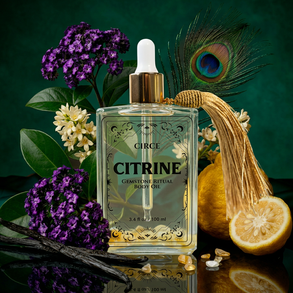 Citrine Body Oil by Circe Boutique with a glass bottle, featuring a golden liquid and crystals for abundance and glow ritual.