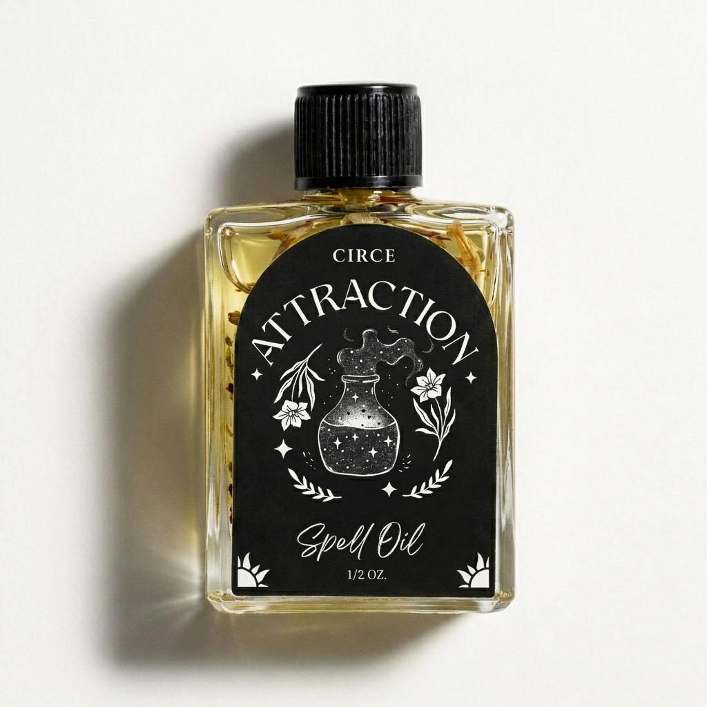 Circe Boutique Attraction Spell Oil for magnetism and romance, featuring a small glass bottle with golden label and dark liquid inside.