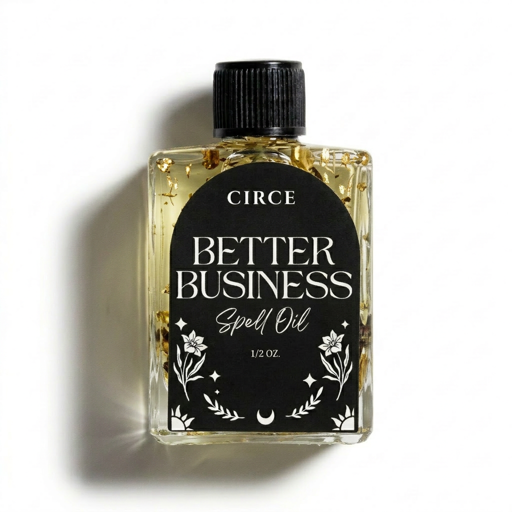 Better Business Spell Oil from Circe Boutique, success and entrepreneurial ritual oil in a small glass bottle with a dropper.