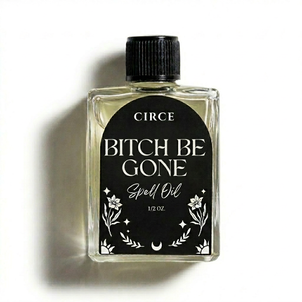 Circe Boutique Bitch Be Gone Protection Oil bottle, natural remedy for removing negative energy and people, with a dark glass container.