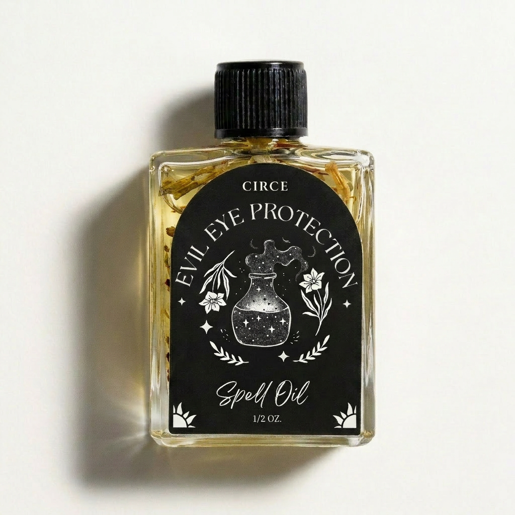 Evil Eye Protection Oil by Circe Boutique in a glass bottle with a dropper, used for ritual shielding and anointing.