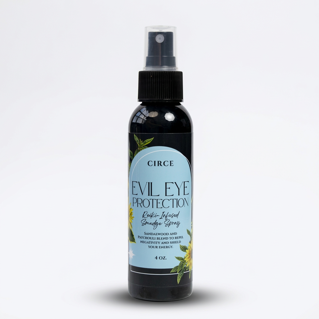 Circe Boutique Evil Eye Protection Ritual Room and Body Spray bottle with mystical label and spray nozzle for spiritual protection.