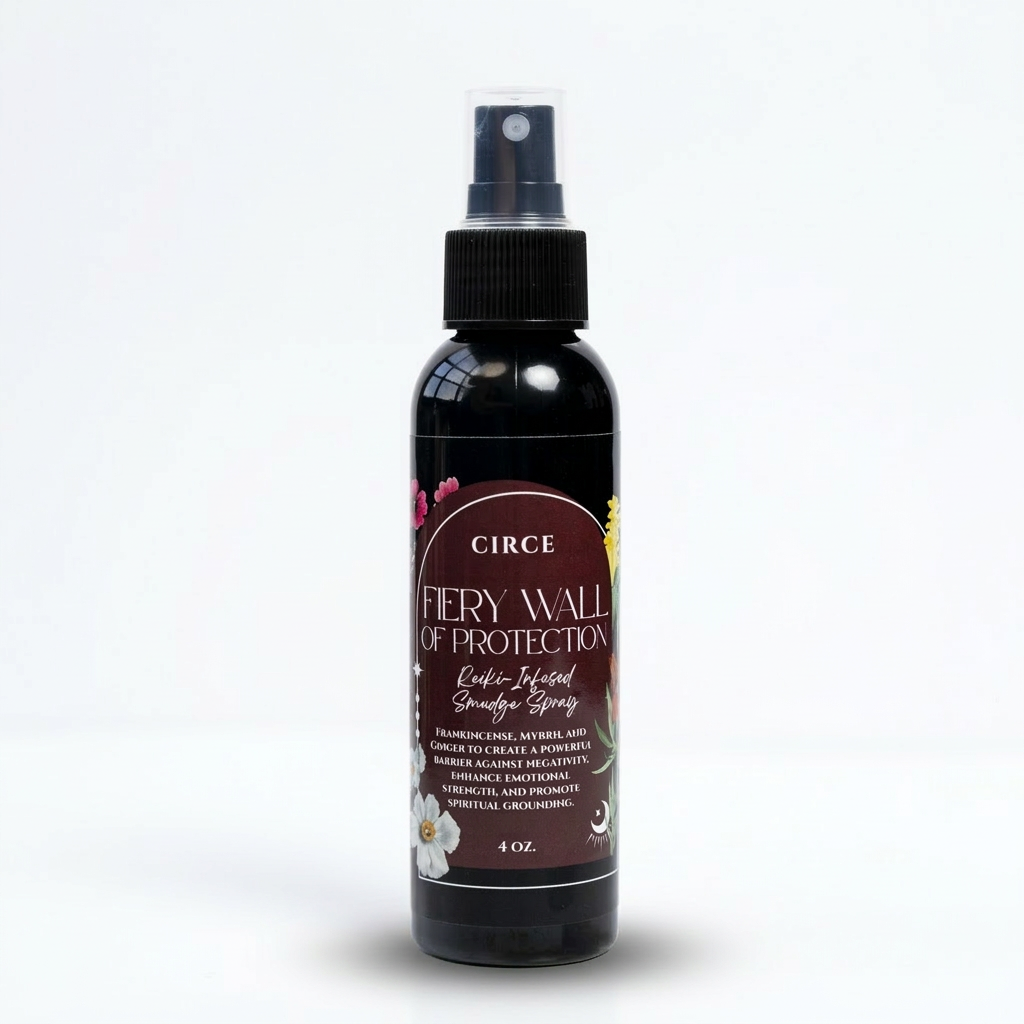 Fiery Wall of Protection smudge spray by Circe Boutique, a room and body mist with fiery protection ingredients, shown in bottle.