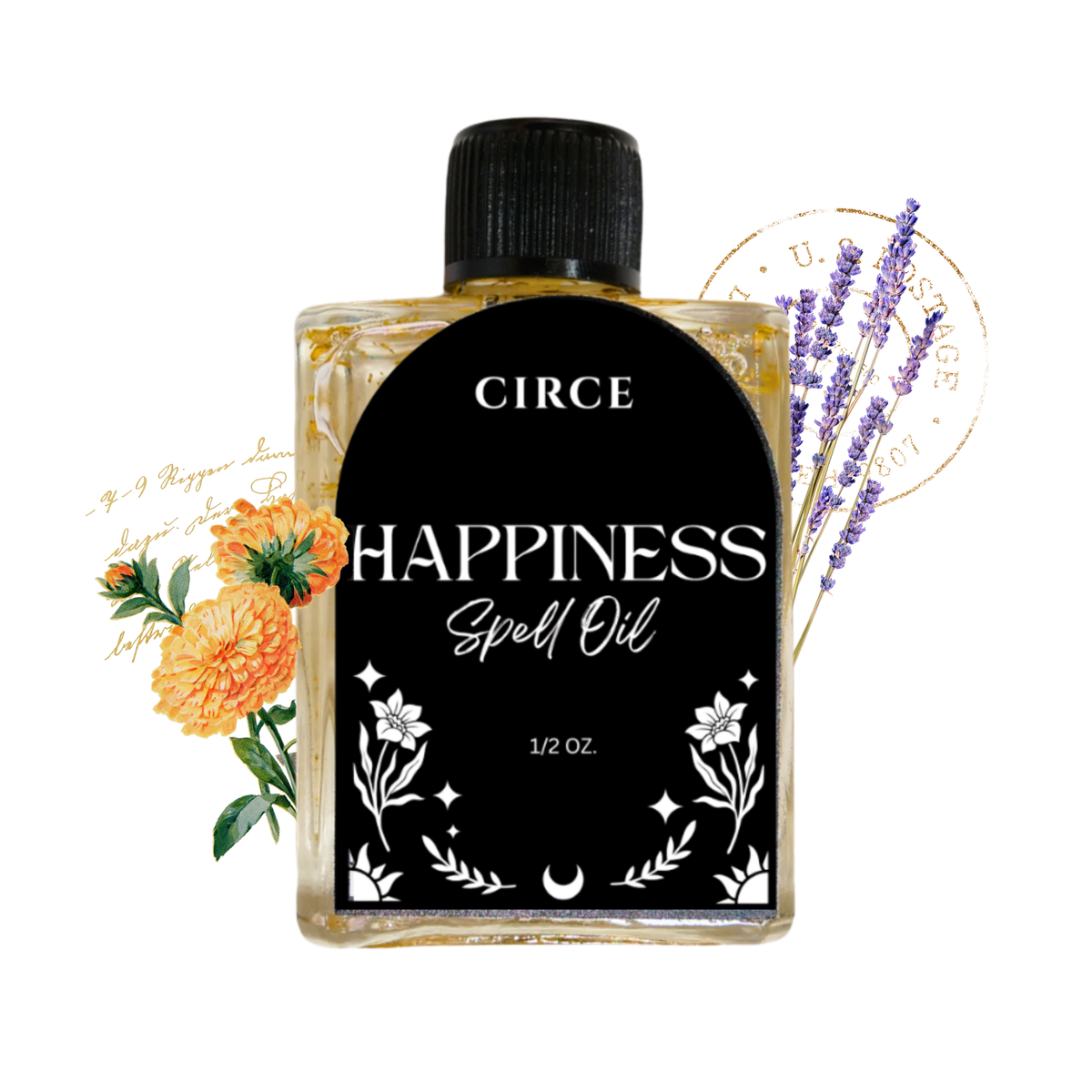 Bottle of Circe Boutique Happiness Ritual Oil for joy and positive energy, with floral and herbal ingredients visible on the label.
