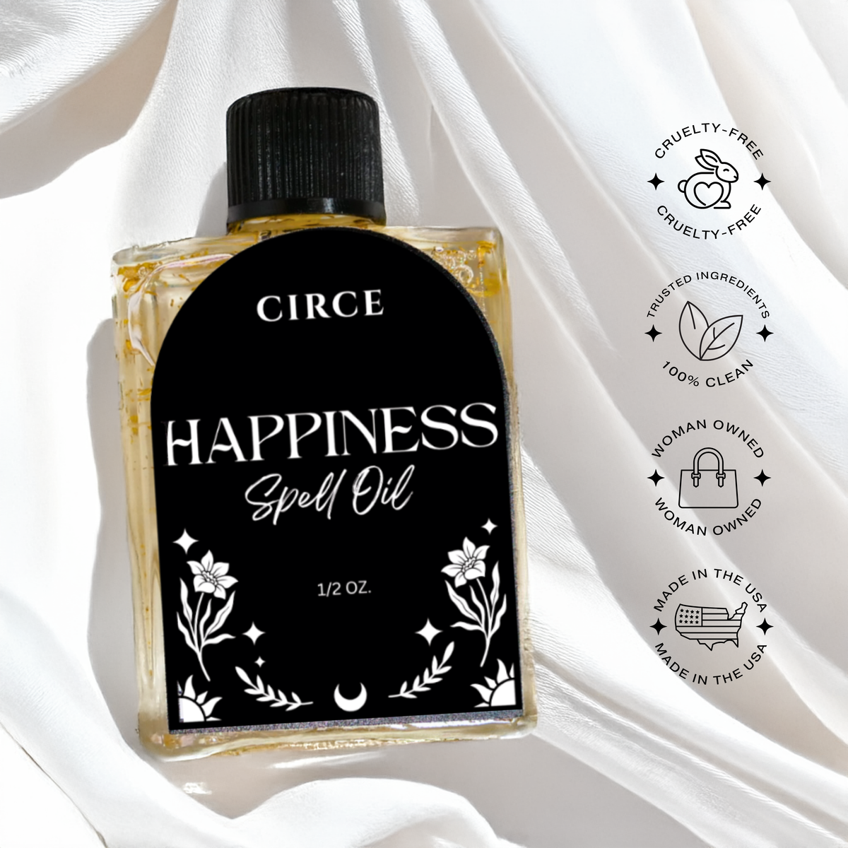 Circe Boutique Happiness Ritual Oil bottle with a dropper, designed to promote joy and positive energy.