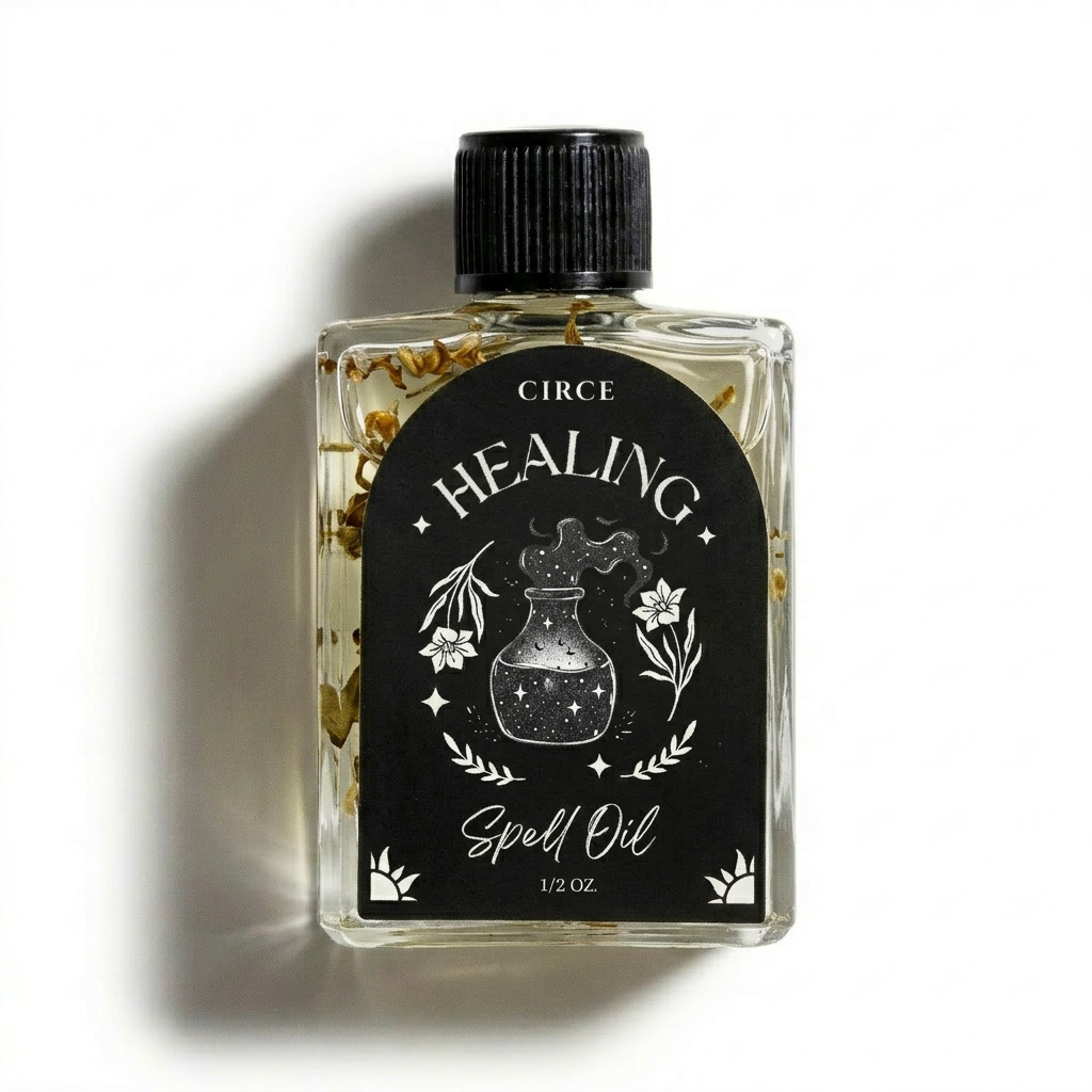 Healing Ritual Oil by Circe Boutique in a glass bottle, featuring a dropper cap, used for emotional and spiritual recovery.