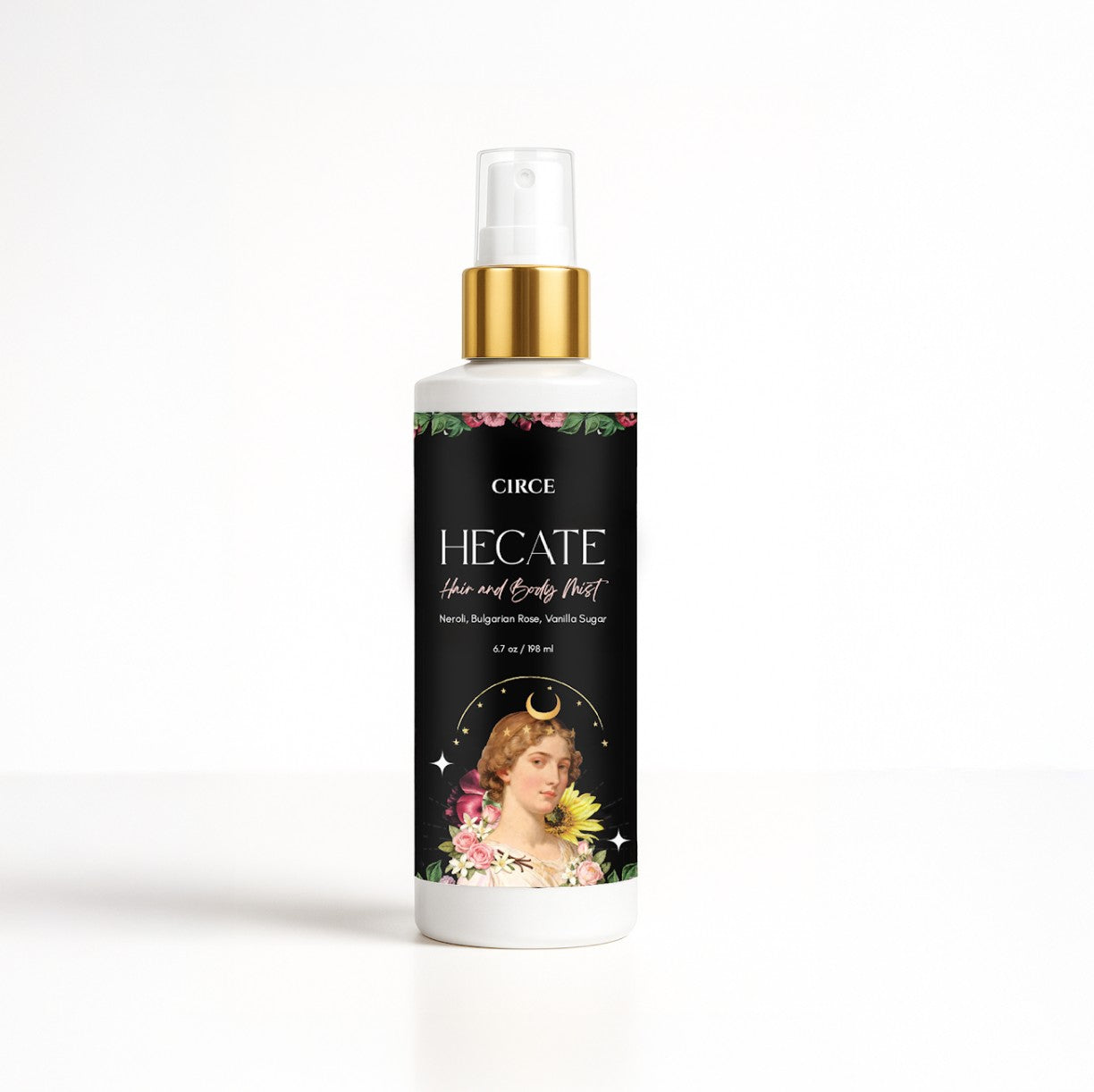 Circe Boutique Hecate Hair & Body Mist with neroli, Bulgarian rose, and vanilla sugar in a 6.7 oz spray bottle.
