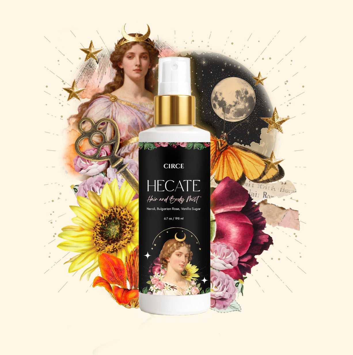 Hecate Hair & Body Mist by Circe Boutique featuring neroli, Bulgarian rose, and vanilla sugar in a 6.7 oz bottle.