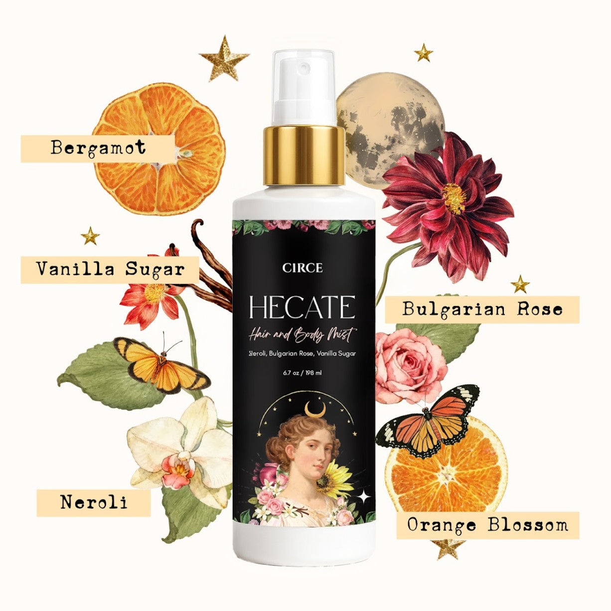 Hecate Hair & Body Mist by Circe Boutique with neroli, Bulgarian rose, and vanilla sugar in a 6.7 oz bottle.