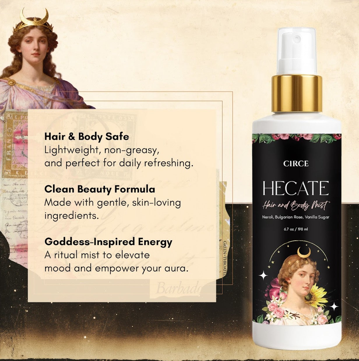 Hecate Hair & Body Mist by Circe Boutique with neroli, Bulgarian rose, and vanilla sugar in a 6.7 oz bottle.