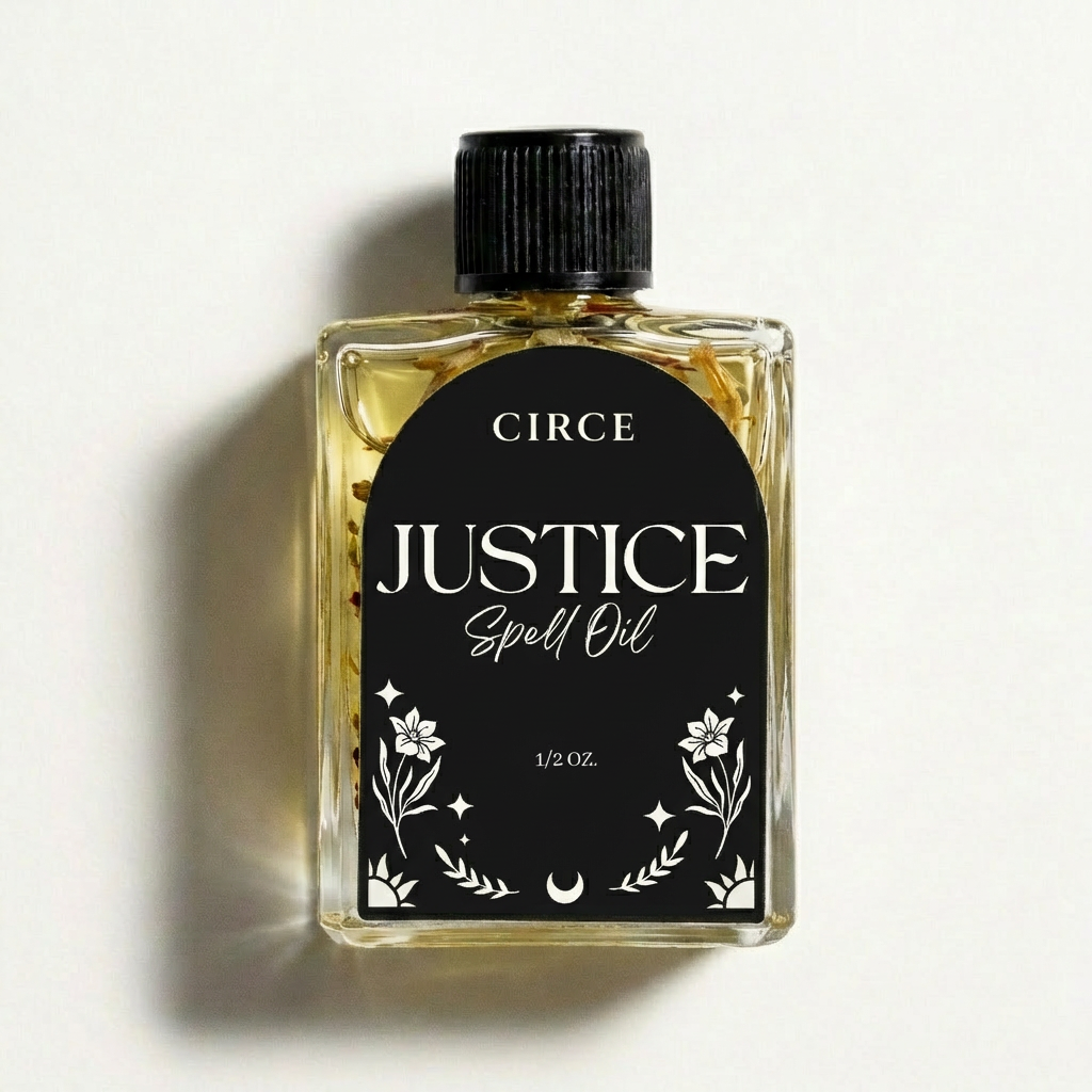 Justice Ritual Oil by Circe Boutique, featuring a small glass bottle with a golden label and a dropper for legal and fair outcome rituals.