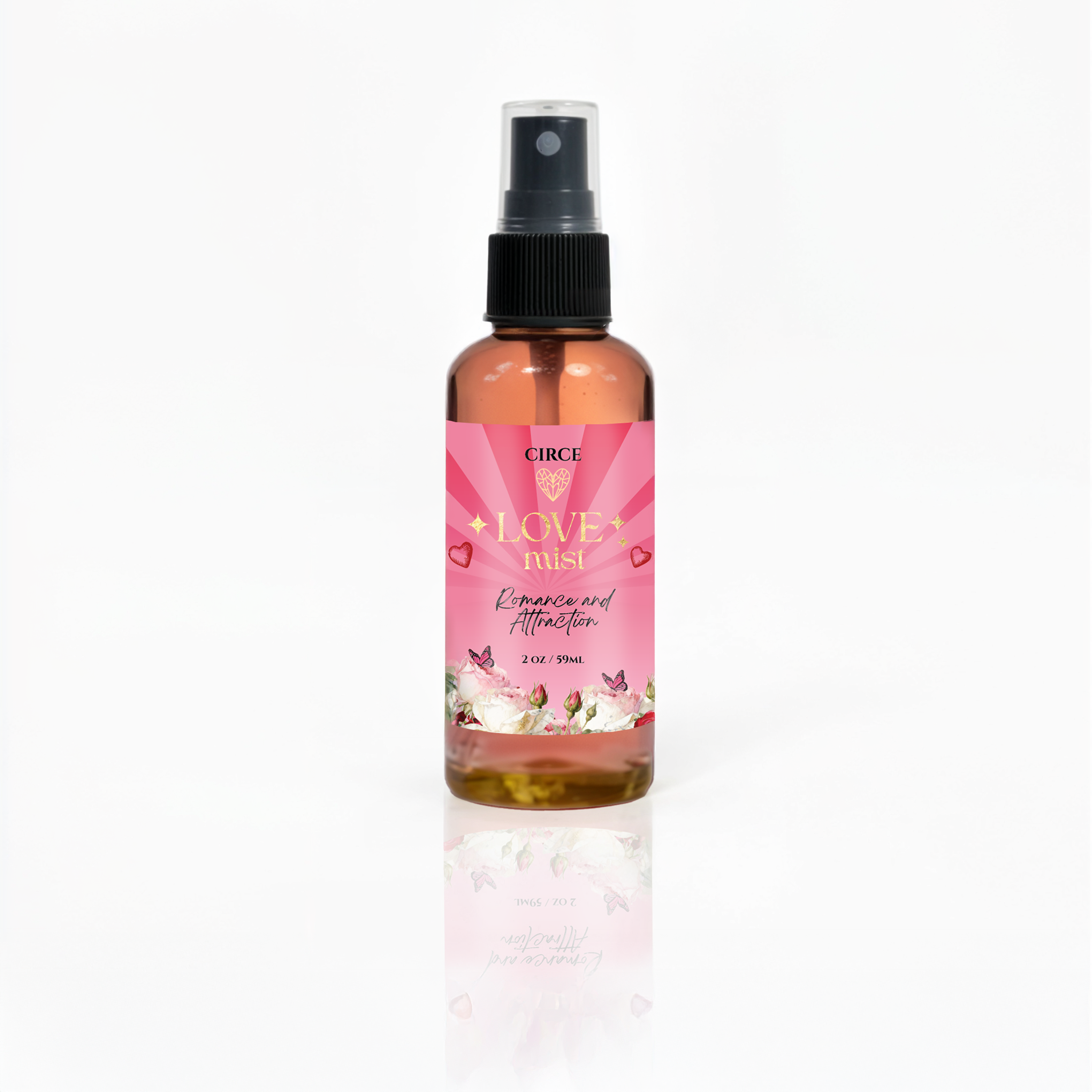 Circe Boutique Love Attraction Mist in 2 oz bottle, featuring rose and jasmine heart energy spray with floral scents.