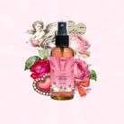 Collage of Circe Boutique Love Attraction Mist with rose and jasmine, 2 oz spray bottle and floral background for heart energy.