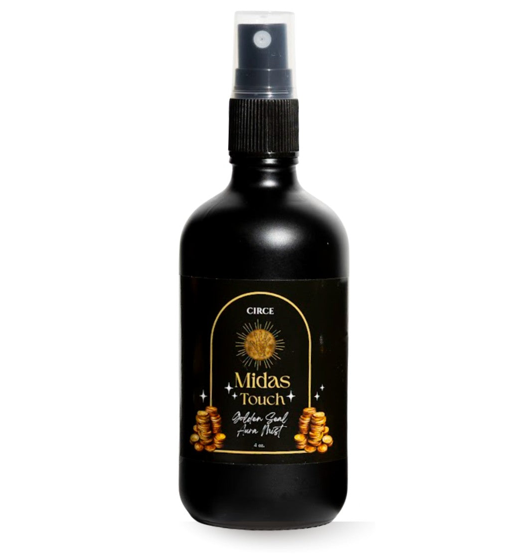 Circe Boutique Midas Touch Aura Mist with amber, saffron, and patchouli in a luxurious spray bottle.