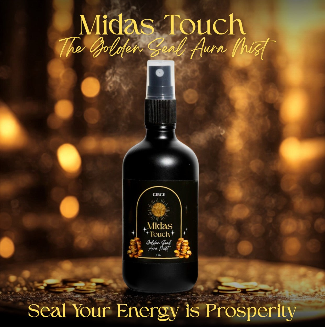 Circe Boutique Midas Touch Aura Mist with luxury amber, saffron, and patchouli in a sleek spray bottle.