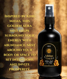 Circe Boutique Midas Touch Aura Mist with amber, saffron, and patchouli in a luxurious spray bottle, ideal for prosperity and elegance.